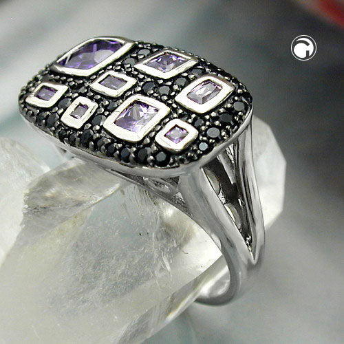 Ring 13x22mm mit Zirkonias lila-schwarz glänzend rhodiniert Silber 925