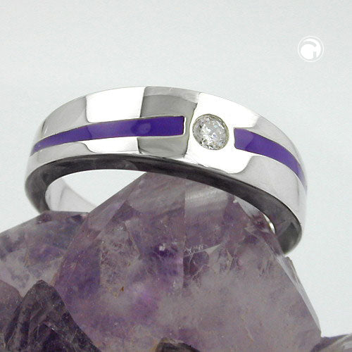 Ring 6mm lila Lackeinlage Zirkonia weiß glänzend rhodiniert Silber 925